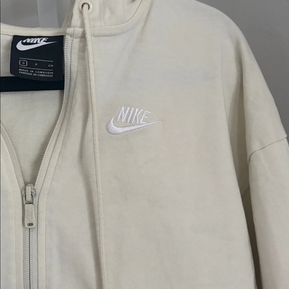 Nike Full Zip Hoodie Cream Loose Fit Waist Length Boxy Full Zip up Jacket Size S